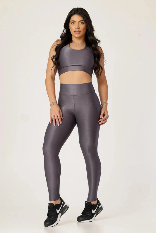 CALCA LEGGING CANELADA ALTA COMPRESSAO MODELADORA CINTURA ALTA - COR CINZA MEDIO