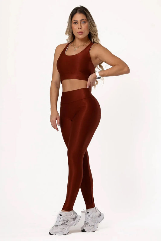 CALCA LEGGING CANELADA ALTA COMPRESSAO MODELADORA CINTURA ALTA - COR MARROM CAFE