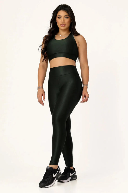 CALCA LEGGING CANELADA ALTA COMPRESSAO MODELADORA CINTURA ALTA - COR VERDE ESCURO